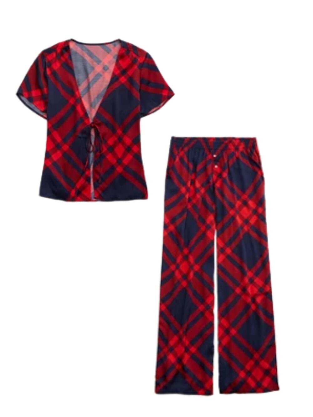 Aerie Off-Duty Satin Trouser PJ and Satin Tie Front Shirt Size Large